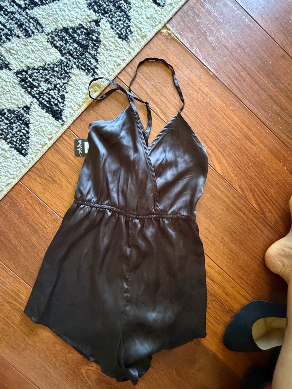 Nasty Gal Black Satin Cami Romper with Spaghetti Straps